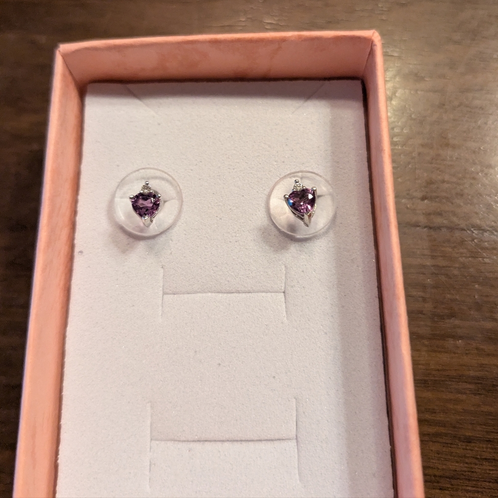 Sterling Silver Heart Amethyst w/ Tiny Diamond Post Earrings